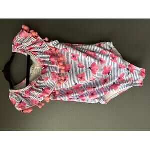 Girls' Floral One-Piece Swimsuit with Pom Pom Ruffle